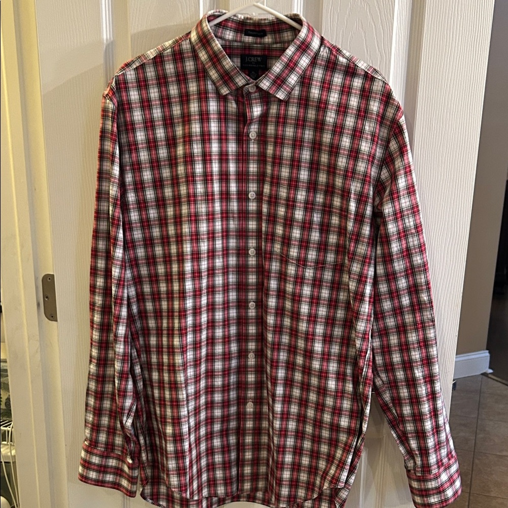 J. Crew Men's Red and White Plaid Shirt